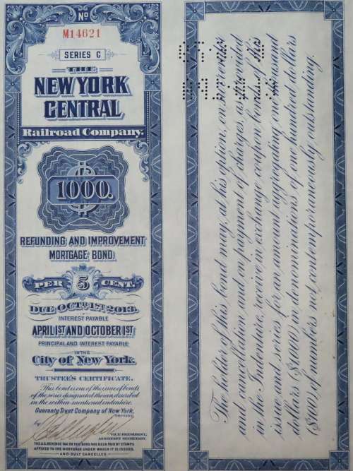 1921 New York Central Railroad Company, $1000 Bond Certificate M14621