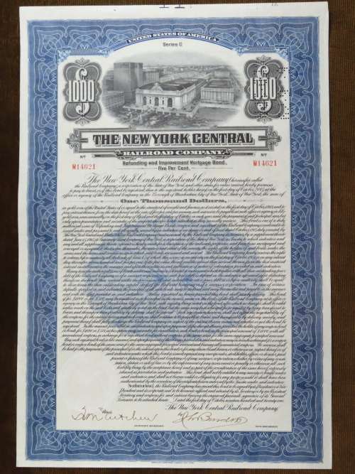 1921 New York Central Railroad Company, $1000 Bond Certificate M14621