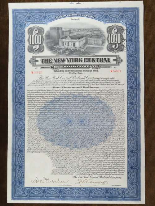1921 New York Central Railroad Company, $1000 Bond Certificate M14621