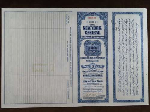 1921 New York Central Railroad Company, $1000 Bond Certificate M14621