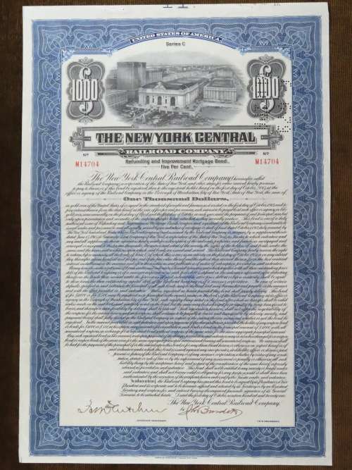 1921 New York Central Railroad Company, $1000 Bond Certificate M14704