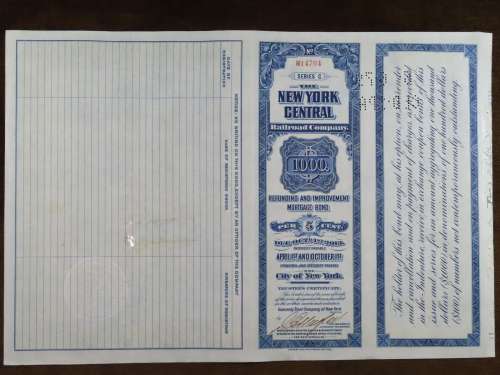 1921 New York Central Railroad Company, $1000 Bond Certificate M14704