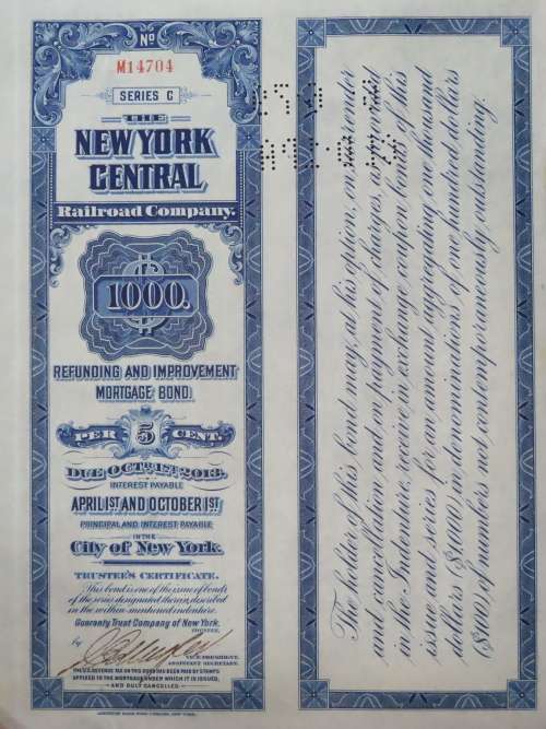 1921 New York Central Railroad Company, $1000 Bond Certificate M14704