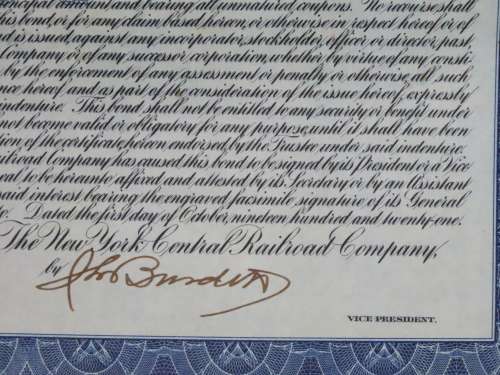 1921 New York Central Railroad Company, $1000 Bond Certificate M14704
