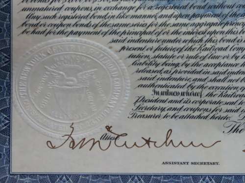 1921 New York Central Railroad Company, $1000 Bond Certificate M14704