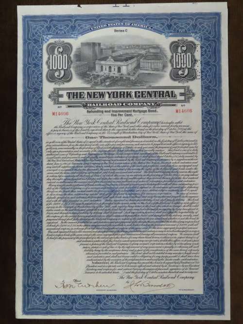 1921 New York Central Railroad Company, $1000 Bond Certificate M14606