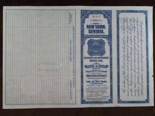 1921 New York Central Railroad Company, $1000 Bond Certificate M14606