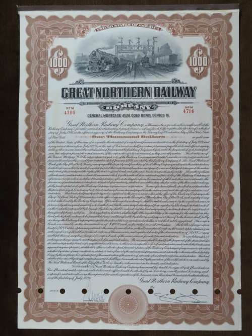 1926 Great Northern Railway Company, $1000 Gold Bond Certificate 4796
