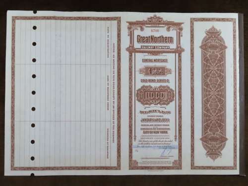 1926 Great Northern Railway Company, $1000 Gold Bond Certificate 4796