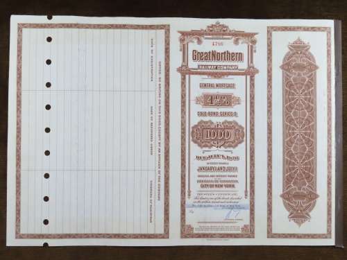1926 Great Northern Railway Company, $1000 Gold Bond Certificate 4796