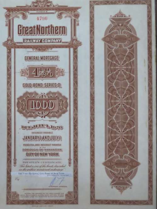1926 Great Northern Railway Company, $1000 Gold Bond Certificate 4796