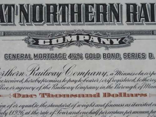 1926 Great Northern Railway Company, $1000 Gold Bond Certificate 4796