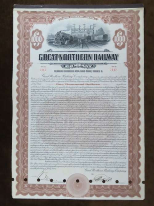 1926 Great Northern Railway Company, $1000 Gold Bond Certificate 7442