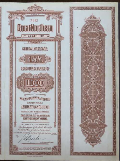 1926 Great Northern Railway Company, $1000 Gold Bond Certificate 7442