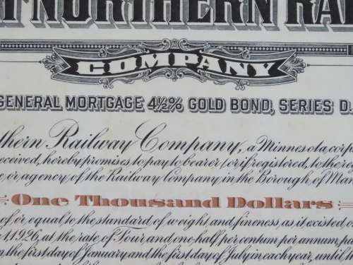 1926 Great Northern Railway Company, $1000 Gold Bond Certificate 7615