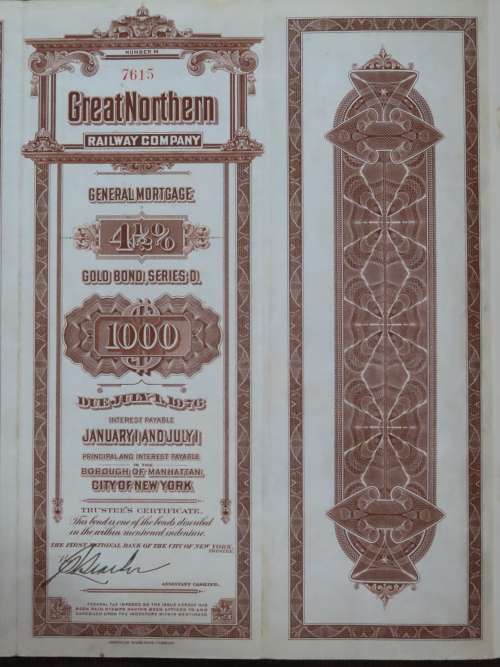1926 Great Northern Railway Company, $1000 Gold Bond Certificate 7615
