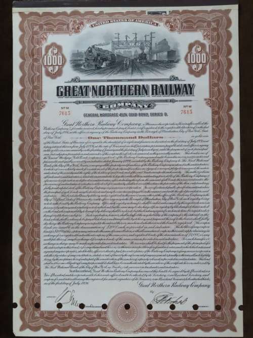 1926 Great Northern Railway Company, $1000 Gold Bond Certificate 7615