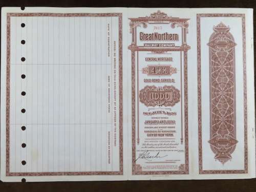 1926 Great Northern Railway Company, $1000 Gold Bond Certificate 7615