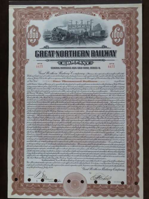 1926 Great Northern Railway Company, $1000 Gold Bond Certificate 4475
