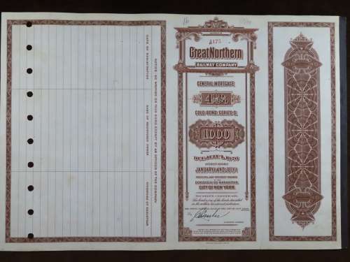 1926 Great Northern Railway Company, $1000 Gold Bond Certificate 4475