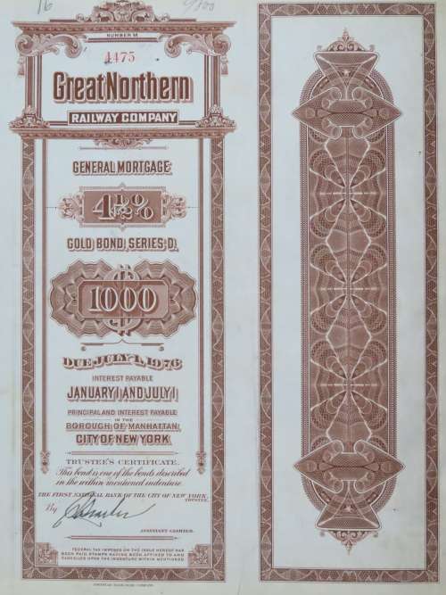 1926 Great Northern Railway Company, $1000 Gold Bond Certificate 4475
