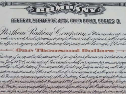 1926 Great Northern Railway Company, $1000 Gold Bond Certificate 4475