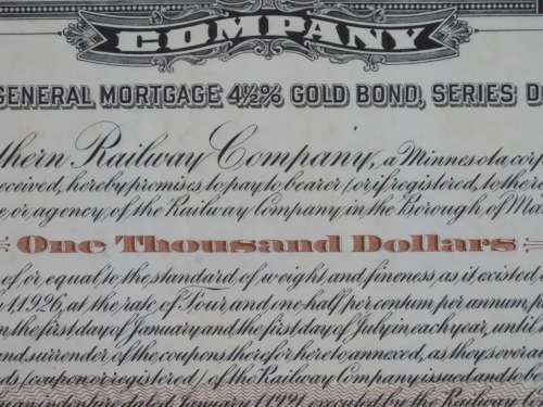 1926 Great Northern Railway Company, $1000 Gold Bond Certificate 11675
