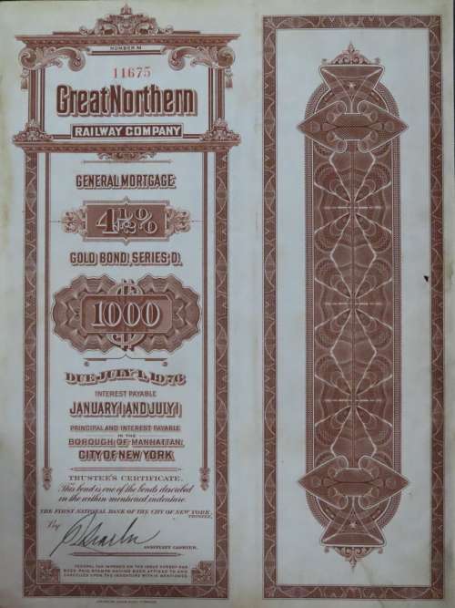 1926 Great Northern Railway Company, $1000 Gold Bond Certificate 11675