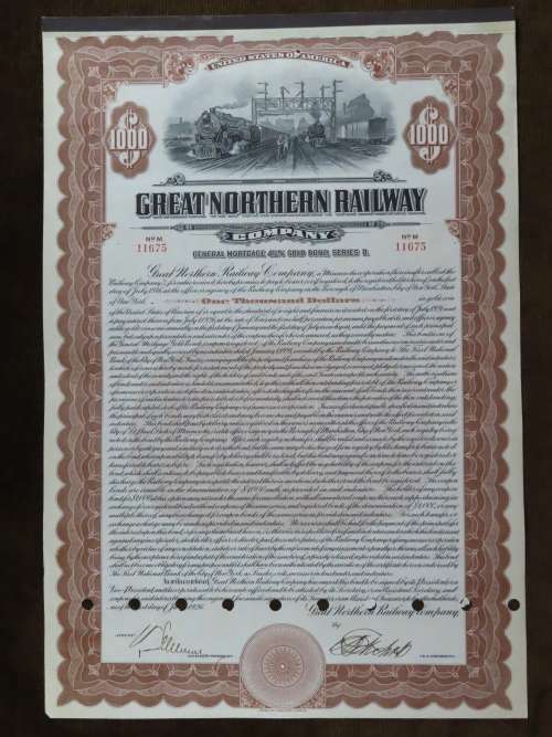 1926 Great Northern Railway Company, $1000 Gold Bond Certificate 11675
