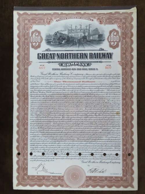 1926 Great Northern Railway Company, $1000 Gold Bond Certificate 3277