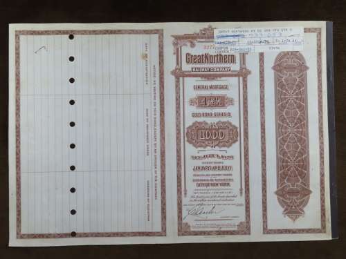 1926 Great Northern Railway Company, $1000 Gold Bond Certificate 3277