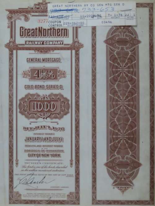 1926 Great Northern Railway Company, $1000 Gold Bond Certificate 3277