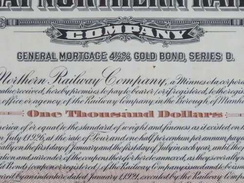 1926 Great Northern Railway Company, $1000 Gold Bond Certificate 7855