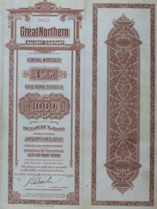 1926 Great Northern Railway Company, $1000 Gold Bond Certificate 7855
