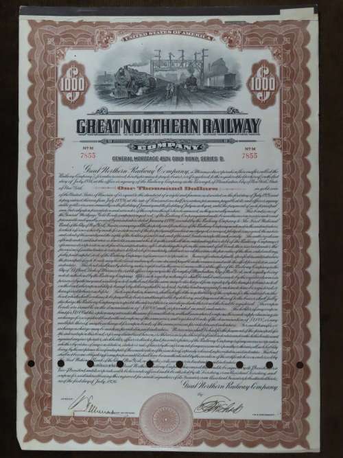 1926 Great Northern Railway Company, $1000 Gold Bond Certificate 7855