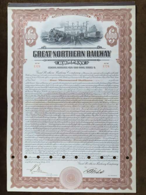 1926 Great Northern Railway Company, $1000 Gold Bond Certificate 1724