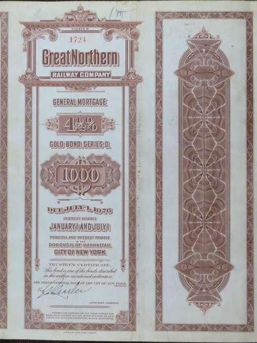 1926 Great Northern Railway Company, $1000 Gold Bond Certificate 1724