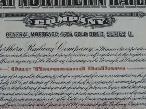 1926 Great Northern Railway Company, $1000 Gold Bond Certificate 1724