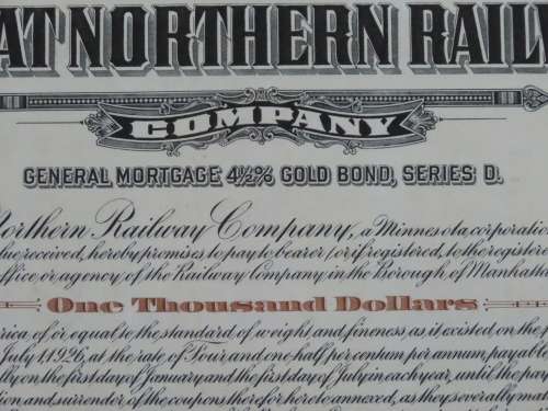 1926 Great Northern Railway Company, $1000 Gold Bond Certificate 10100