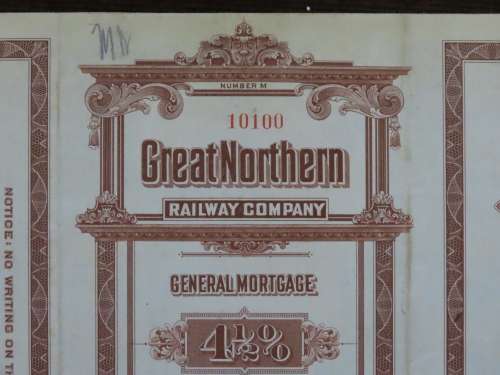 1926 Great Northern Railway Company, $1000 Gold Bond Certificate 10100