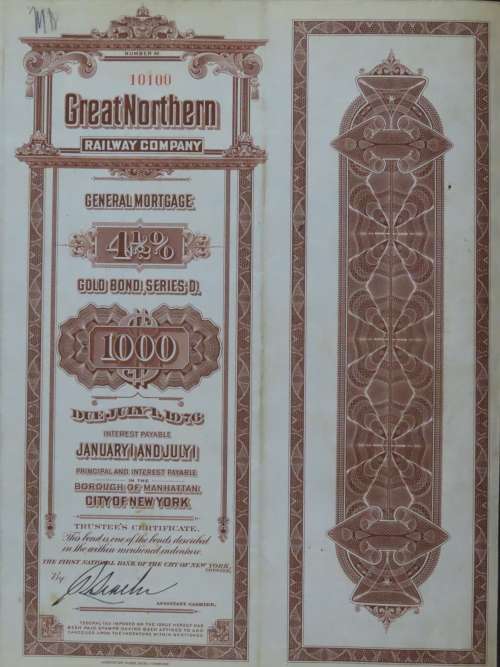 1926 Great Northern Railway Company, $1000 Gold Bond Certificate 10100