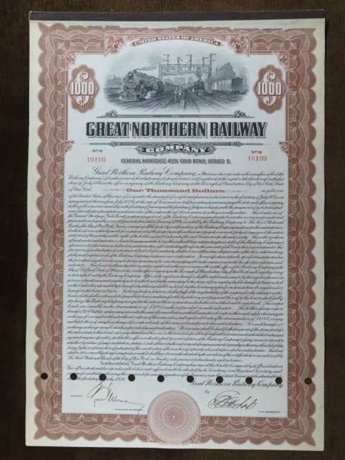 1926 Great Northern Railway Company, $1000 Gold Bond Certificate 10100
