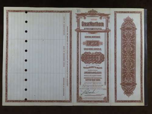 1926 Great Northern Railway Company, $1000 Gold Bond Certificate 10100