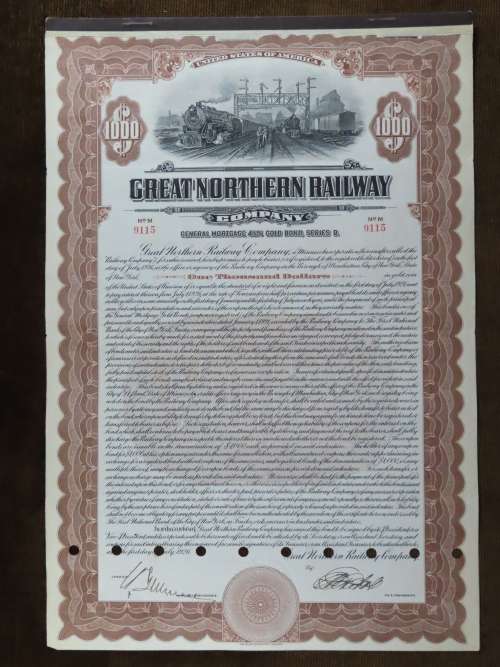 1926 Great Northern Railway Company, $1000 Gold Bond Certificate 9115