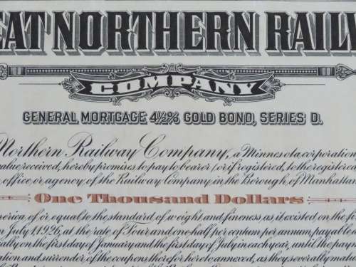 1926 Great Northern Railway Company, $1000 Gold Bond Certificate 9115
