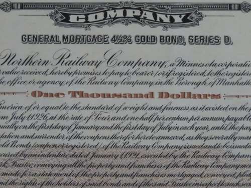 1926 Great Northern Railway Company, $1000 Gold Bond Certificate 8058