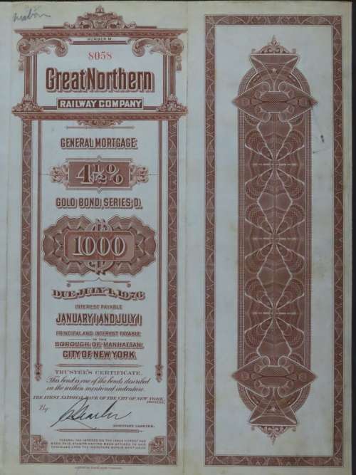 1926 Great Northern Railway Company, $1000 Gold Bond Certificate 8058