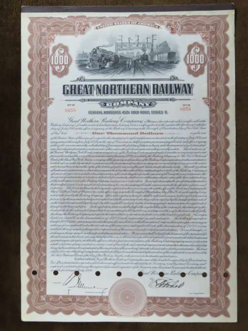 1926 Great Northern Railway Company, $1000 Gold Bond Certificate 8058