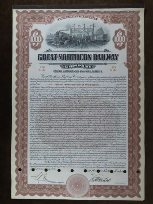 1926 Great Northern Railway Company, $1000 Gold Bond Certificate 6837