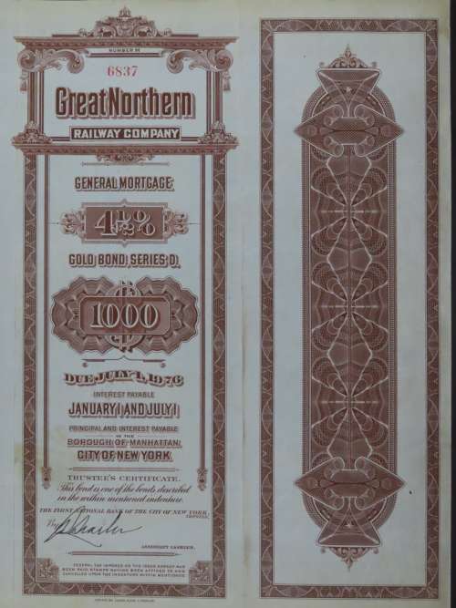 1926 Great Northern Railway Company, $1000 Gold Bond Certificate 6837